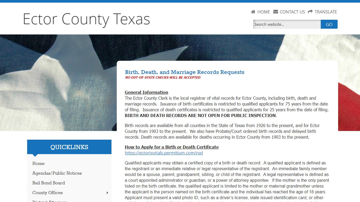 Welcome to Ector County, County Clerk, Birth and Death Records Website!